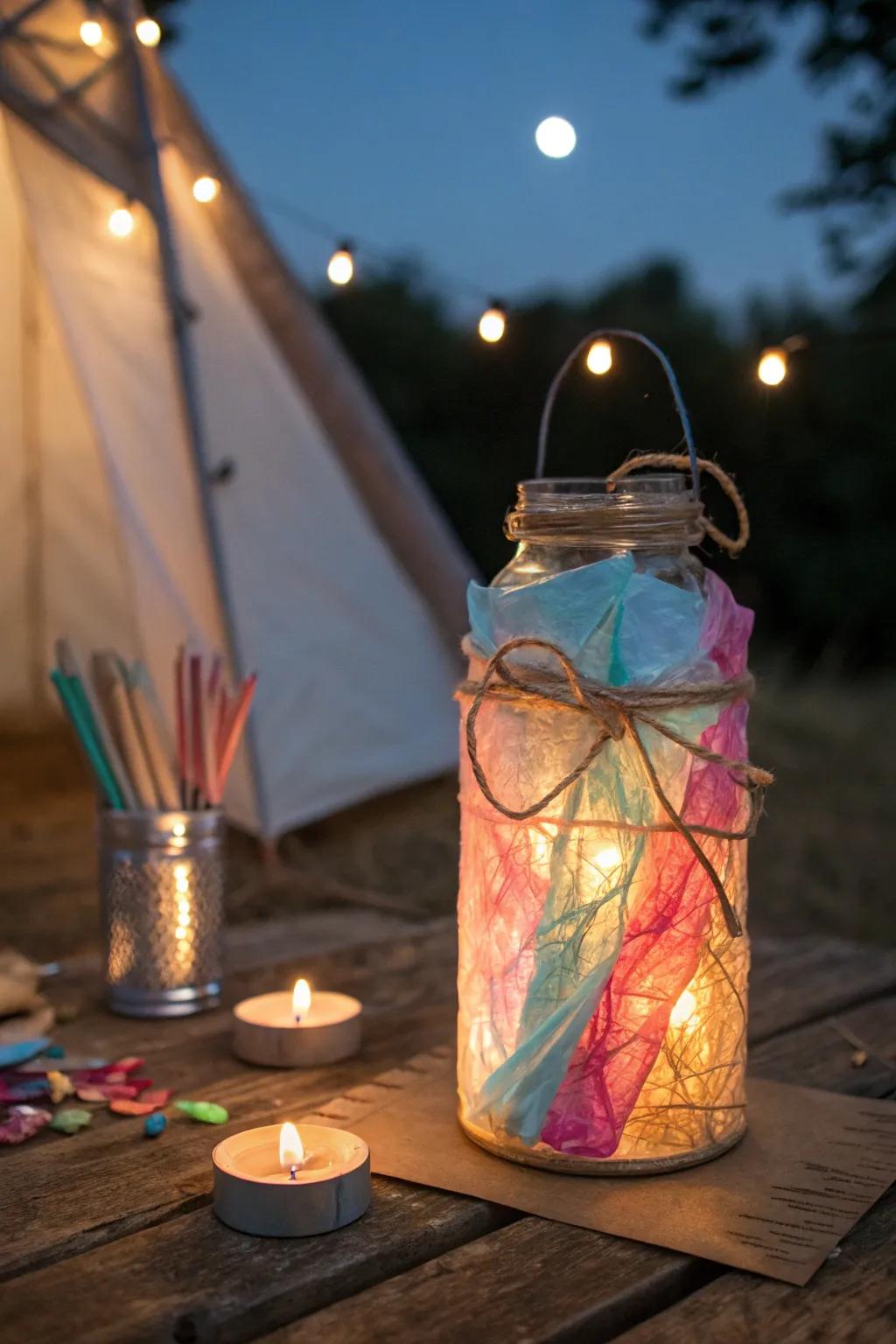 Brighten up your camping nights with a repurposed night light, blending creative expression with nature’s beauty.