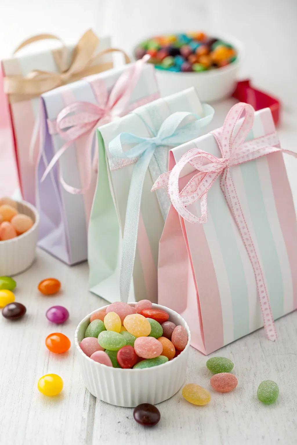 Self-assemble treat satchels for a tailored memento.