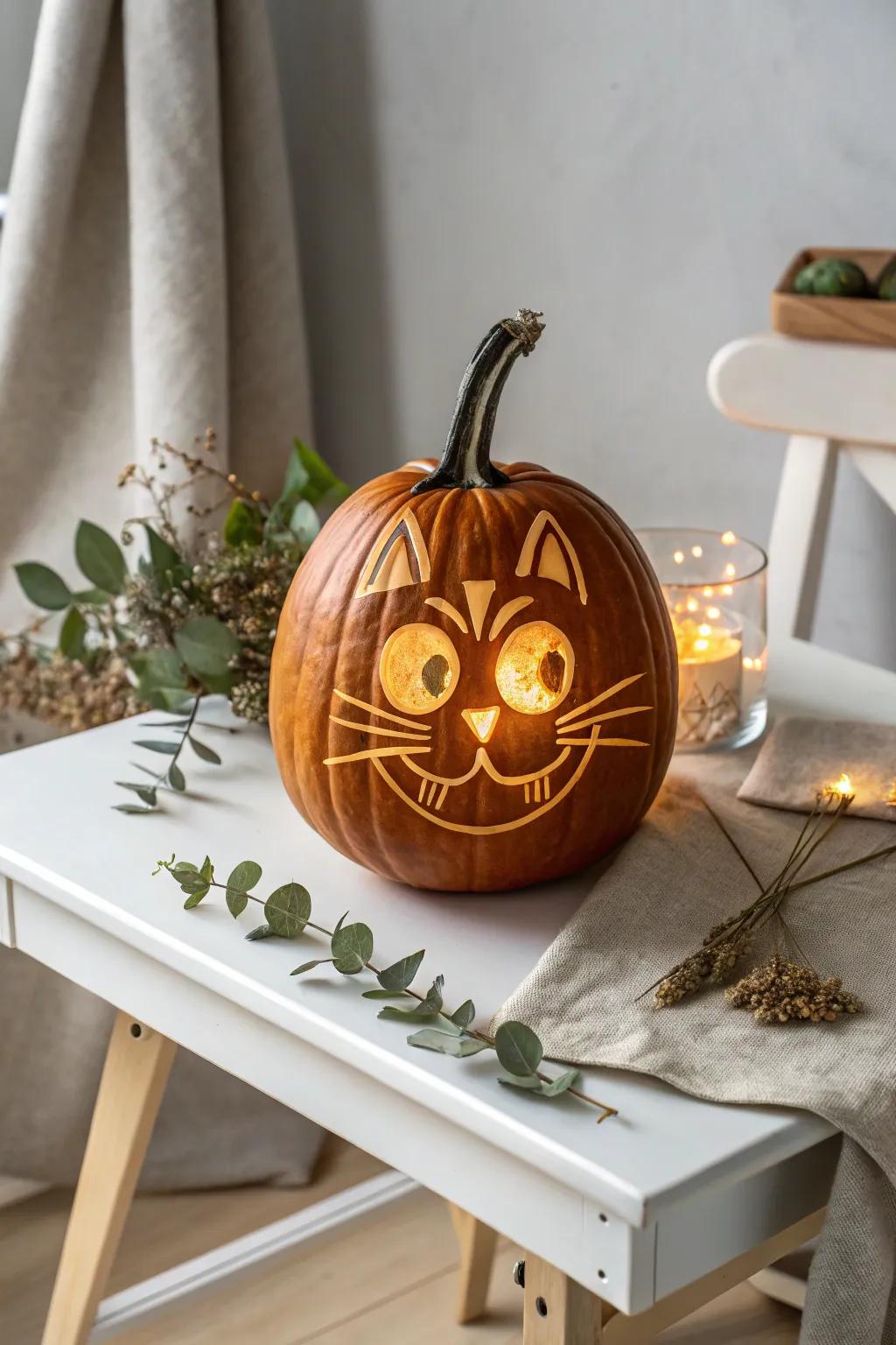 Infuse playfulness into your fall decorations with a charming animated feline pumpkin carving!