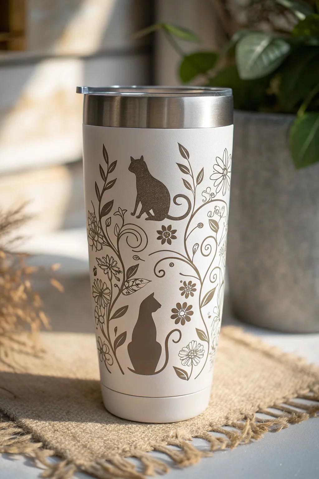 Elegance in Every Sip: Floral Cat Tumbler Design