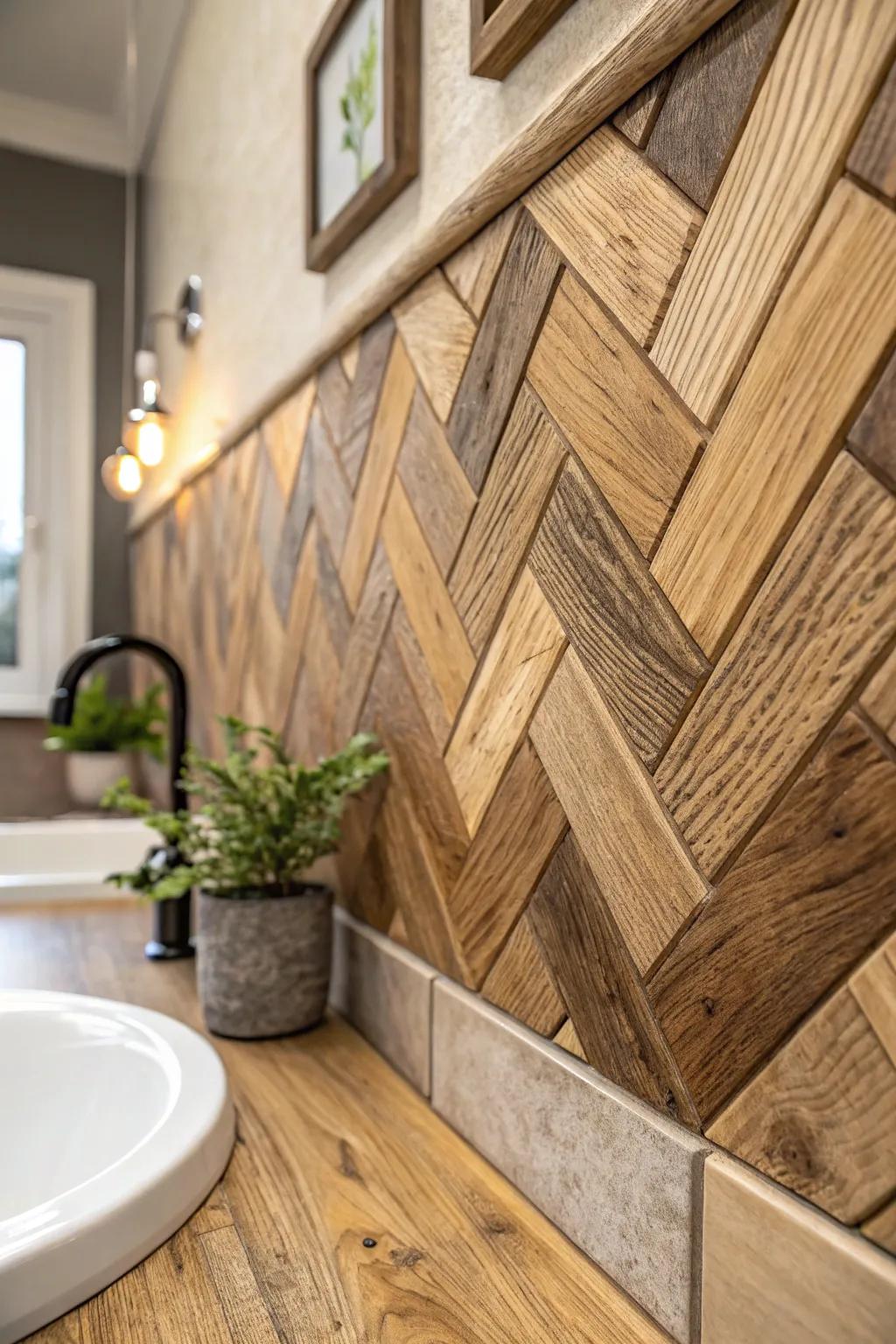 Transform your bathroom with the rustic charm of reclaimed wood. 🌿✨ #BathroomBacksplash #ReclaimedWood #MinimalistElegance