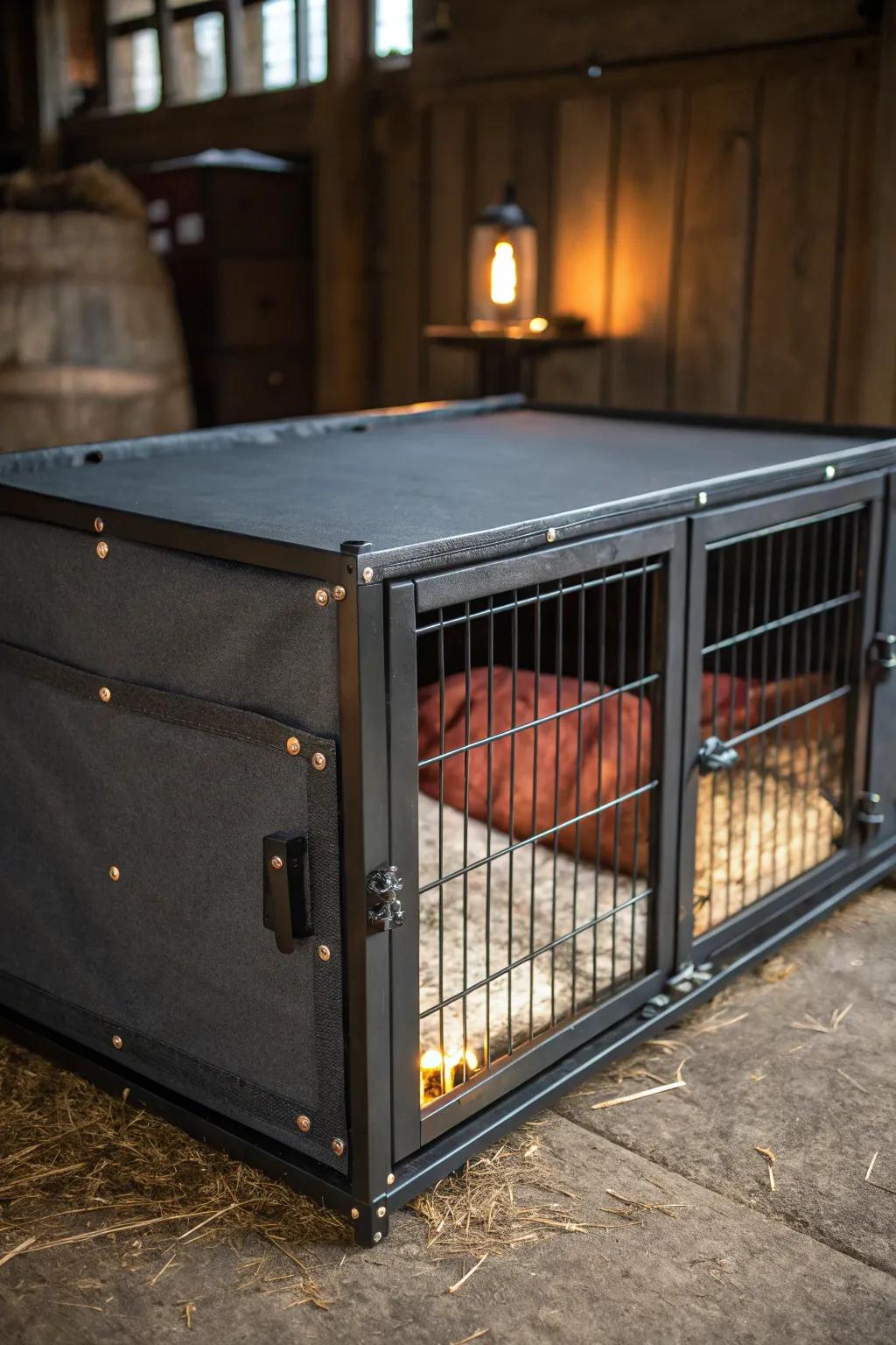 Transforming a canine kennel into a stylish chicken brooder: a clever and chic repurposing idea!