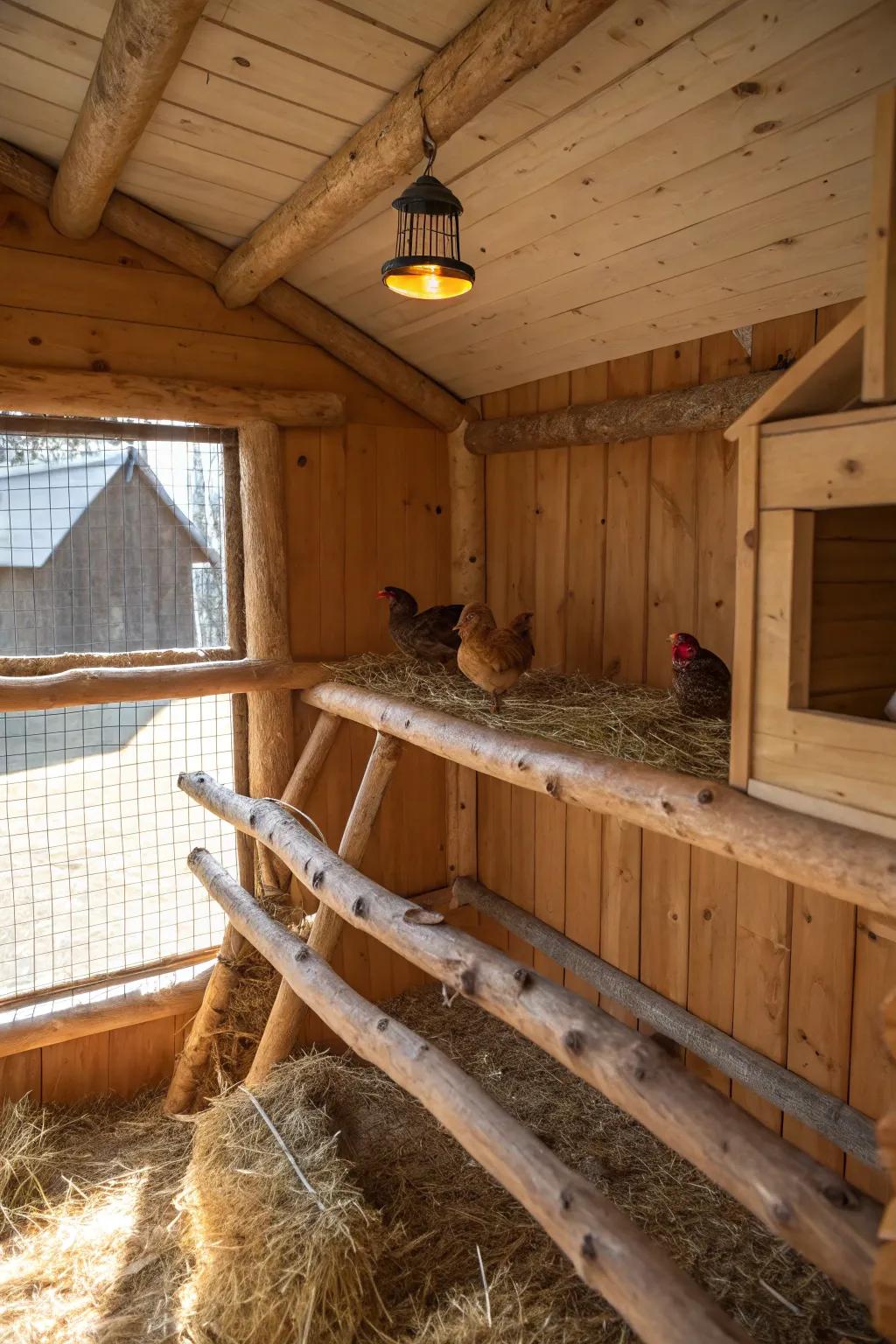 Maintain your flock's warmth and security with an enclosed coop perch that is both practical and charming.