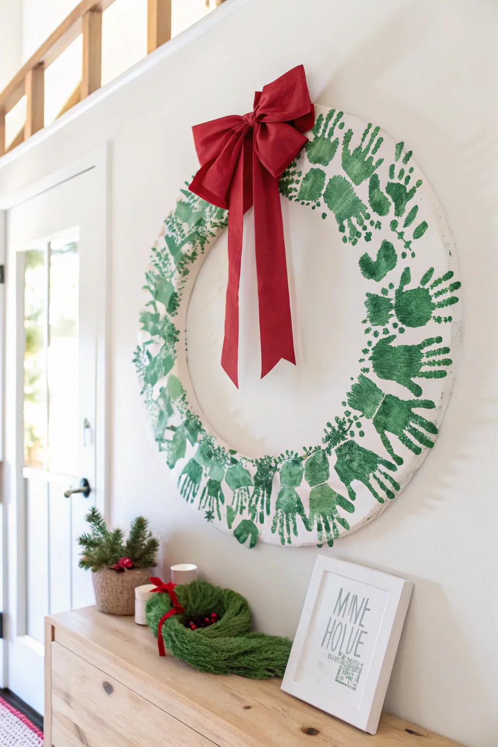 Elevate your festive decor with a handcrafted touch: a charming handprint wreath that blends simplicity with artistry.