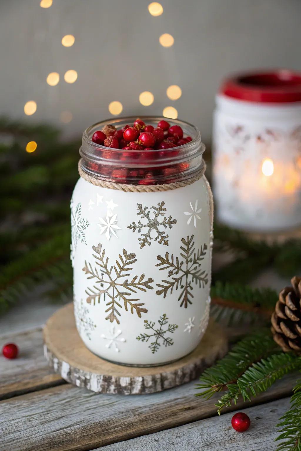With this striking Snowflake and Berry Celebration jar design, you may embrace the season!