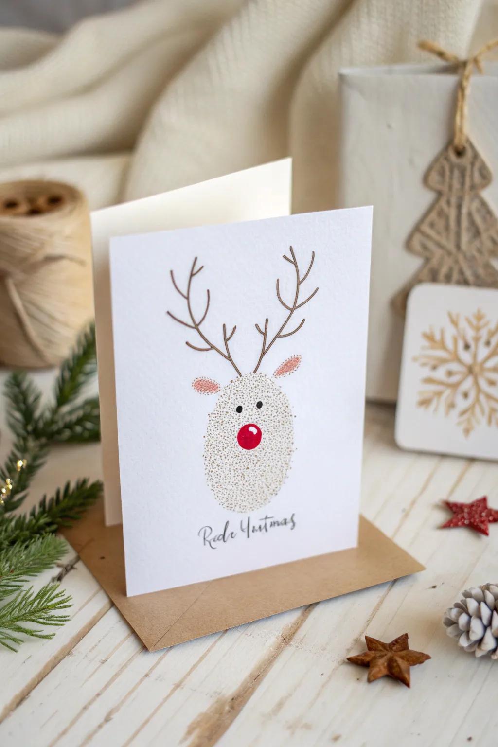 Embrace the joy of simplicity with this charming reindeer thumbprint art, perfect for heartfelt holiday greetings.