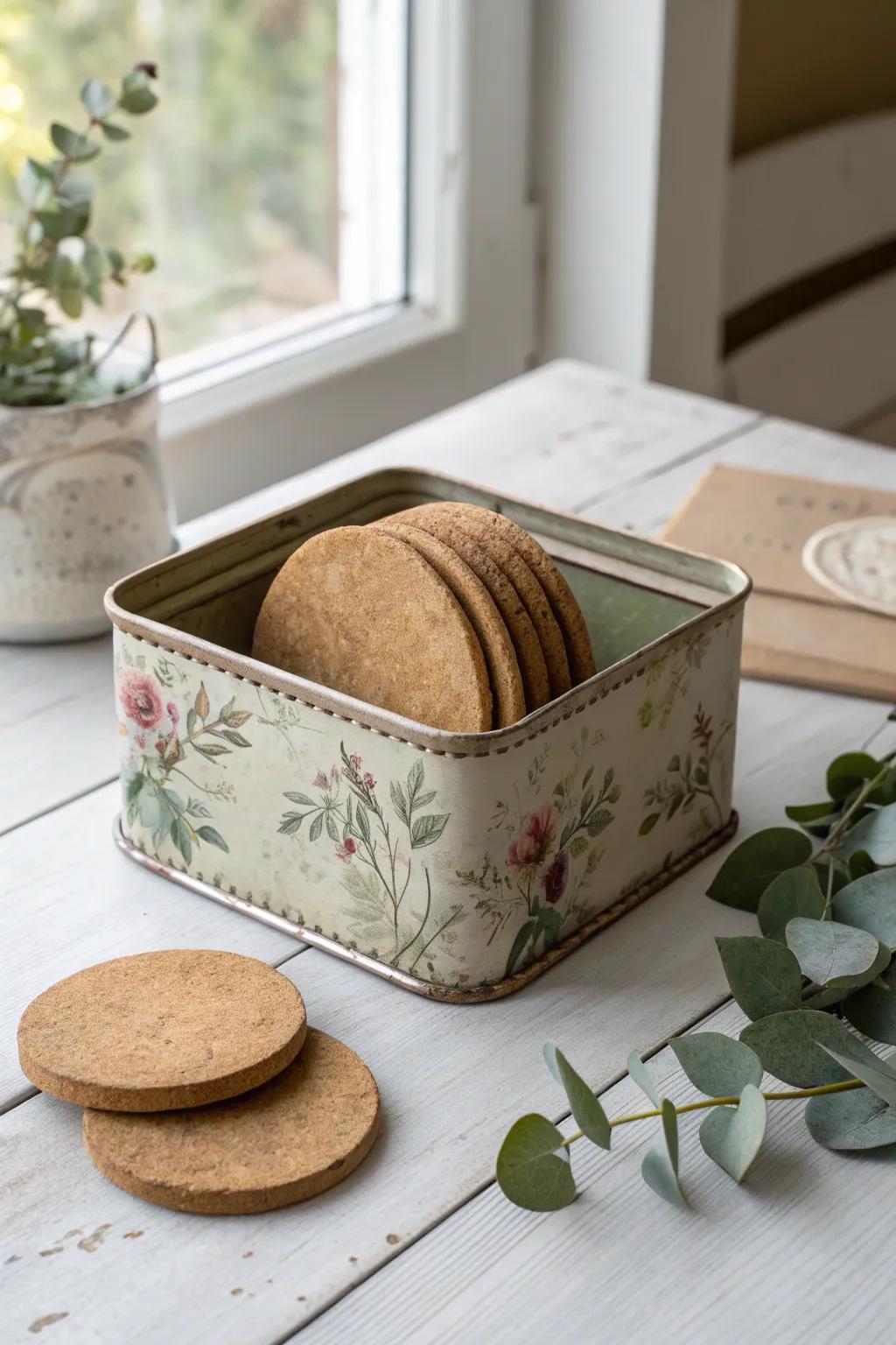 Vintage allure meets modern minimalism: Transform old metal boxes into chic coaster repositories. #RepurposedElegance #ScandiBoho