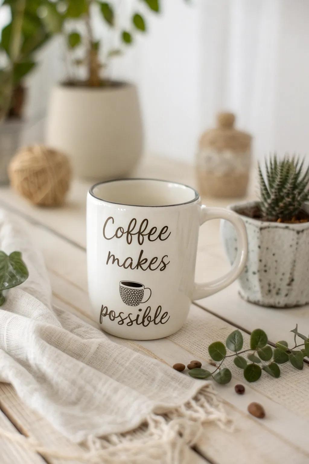 Start your day with a touch of elegance and motivation: 'Coffee Makes Everything Possible'.