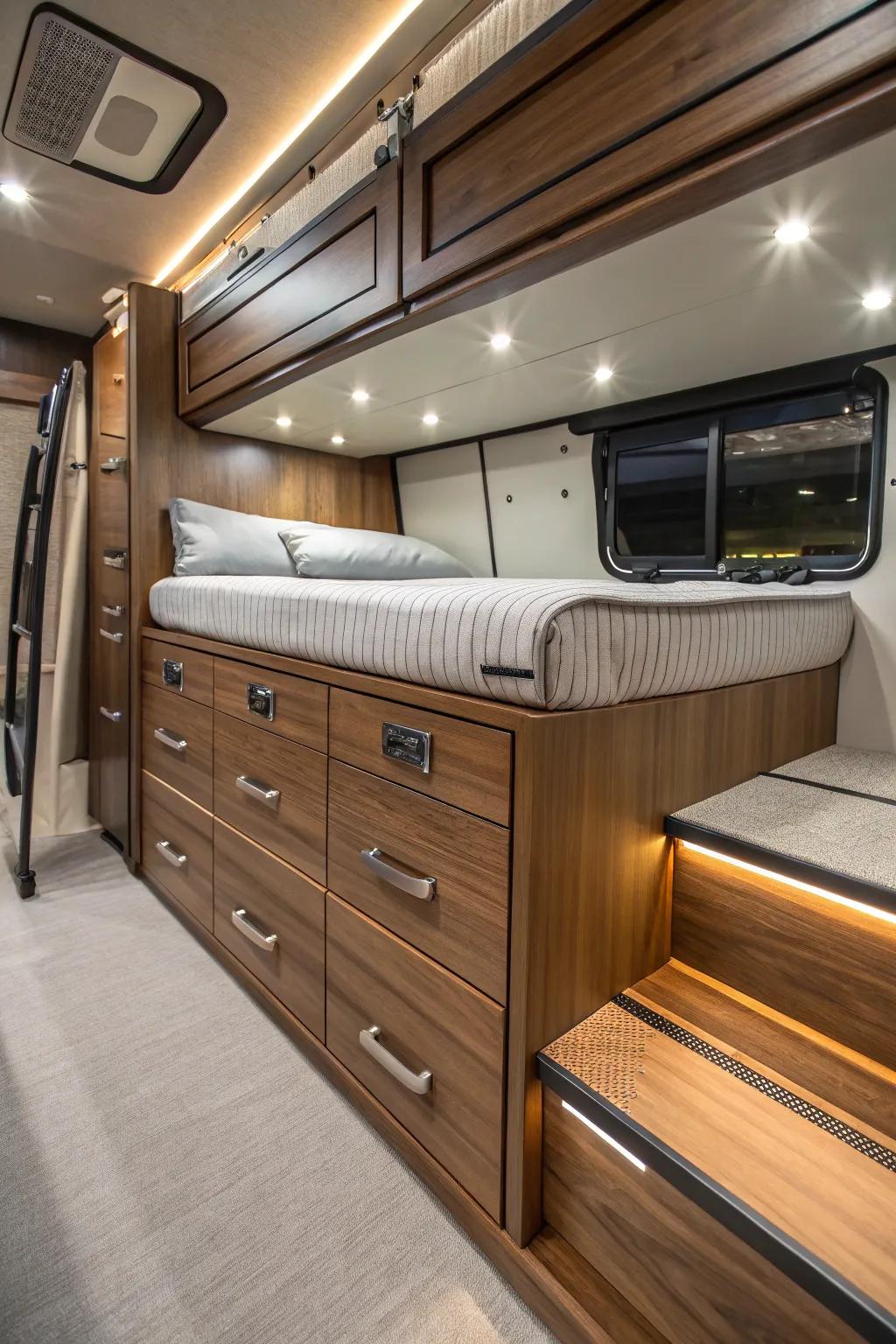 Make the most of your camper van area with these sleek storage-integrated bunks—where style and function come together.