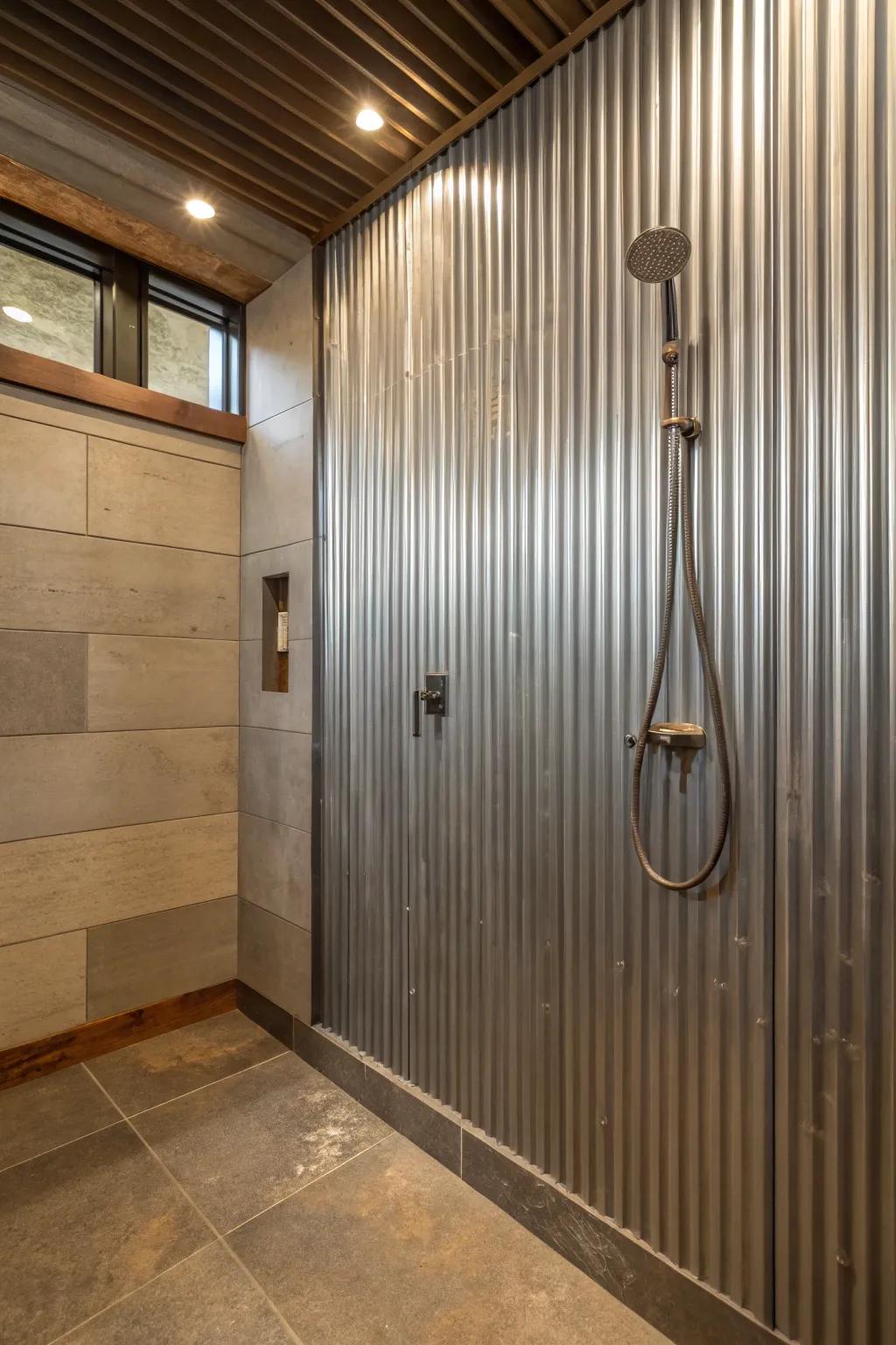 Transform your shower into a peaceful escape with neutral tones and corrugated metal sophistication.
