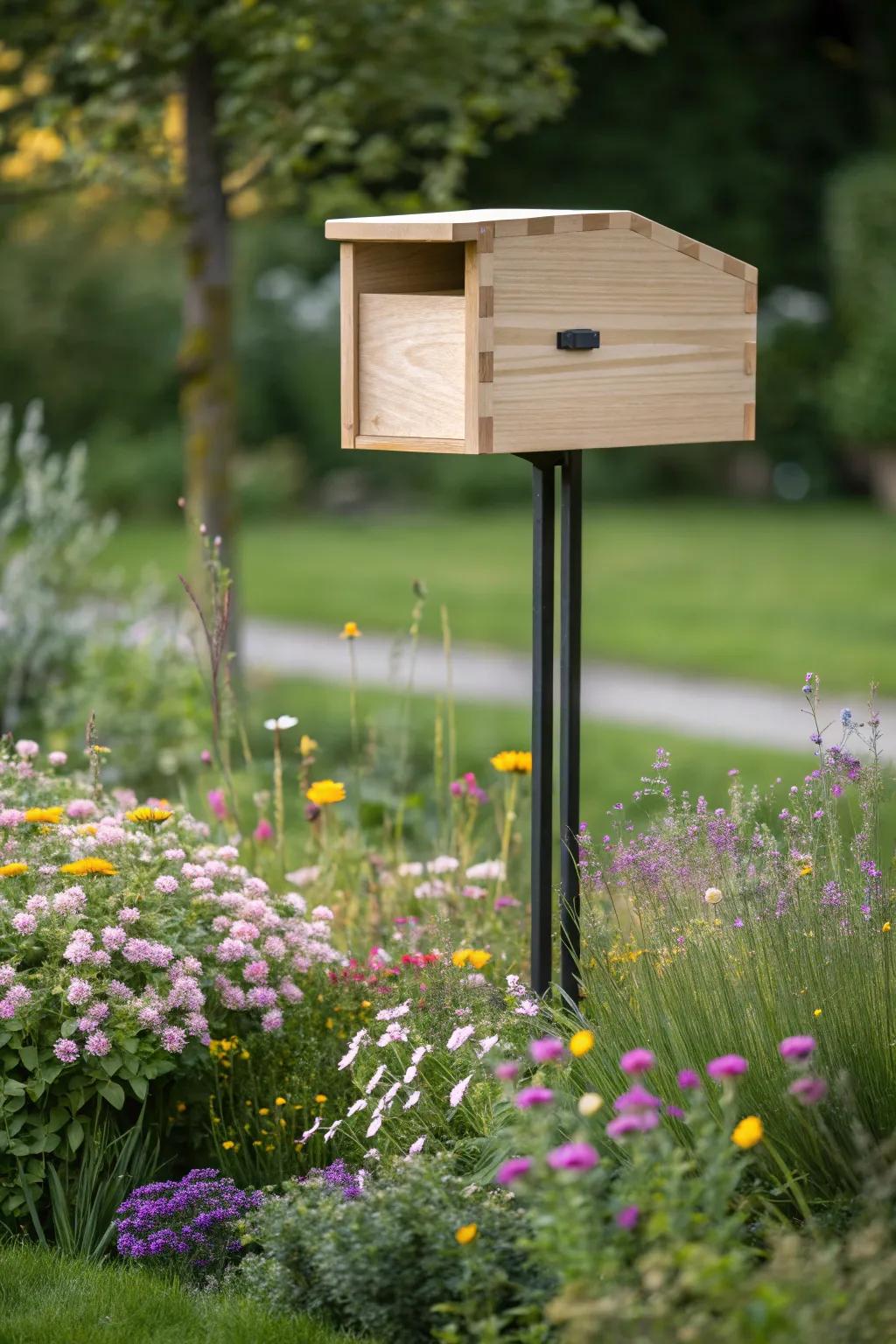 Embrace nature with a minimalist mailbox enveloped by flourishing wildflowers—where simplicity harmonizes with the beauty of the natural world.
