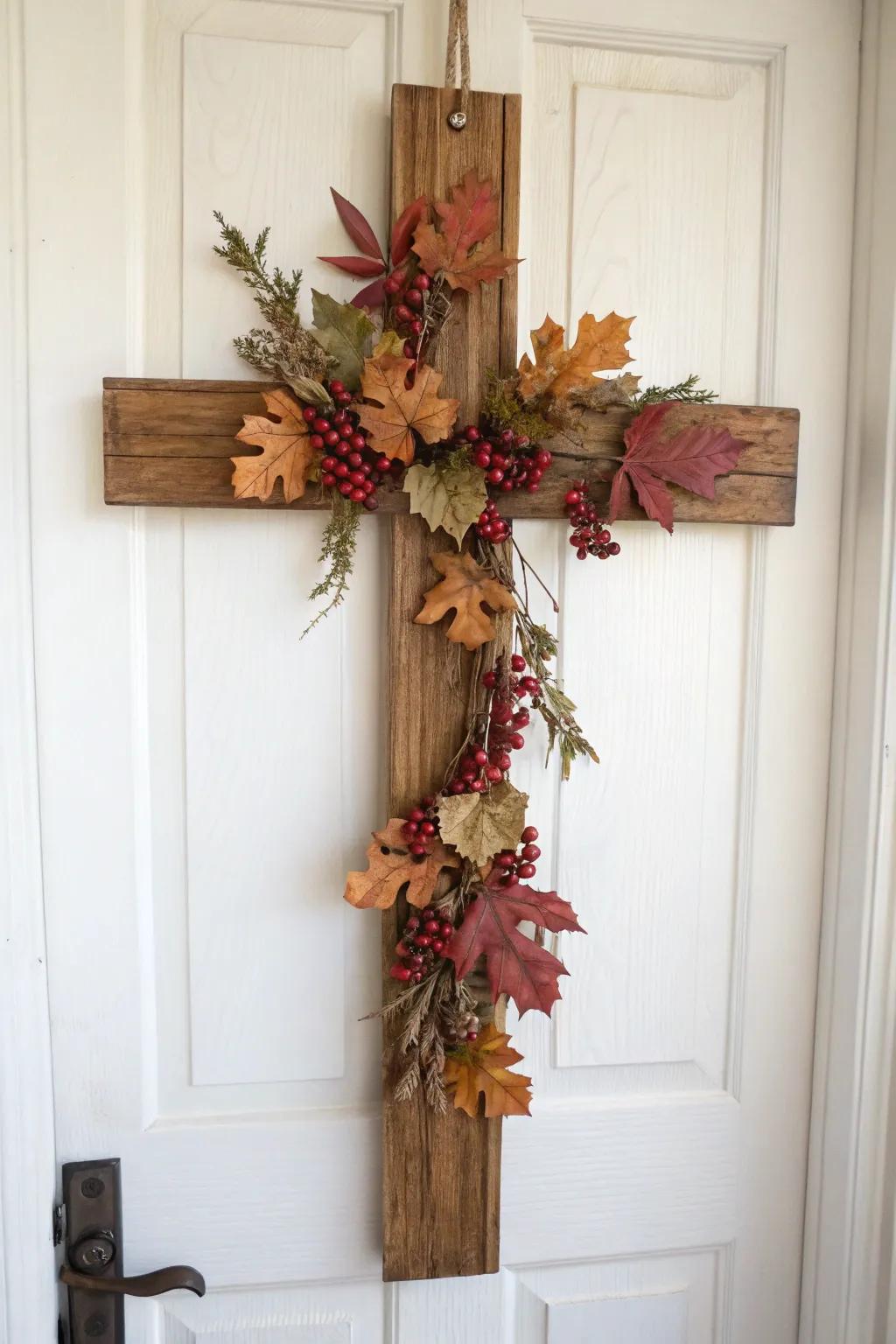 Celebrate the seasons with a charming cross door decoration, merging minimalist beauty with boho flair.