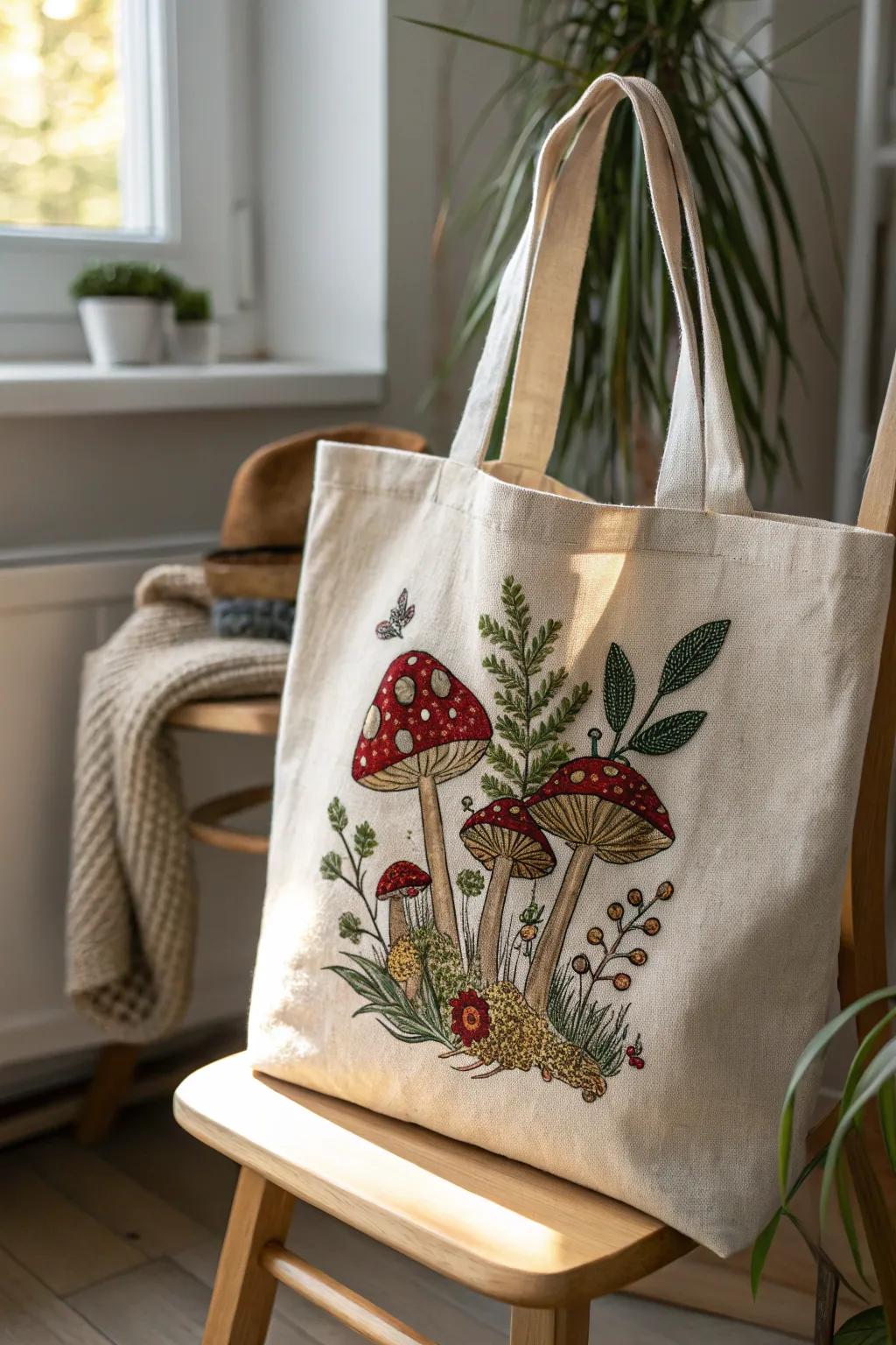 Bestow a touch of whimsy to your fashion sense with this captivating cross-stitched toadstool tote. Perfect for market visits or woodland explorations.