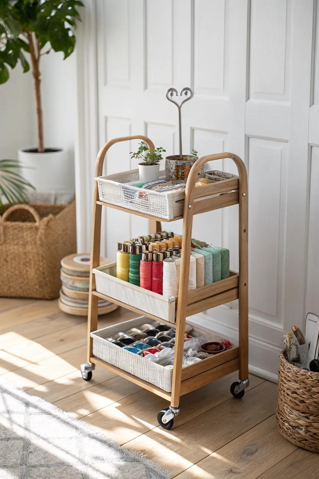 Craft on the Go: Keep your cross stitch must-haves tidy and moving with this stylish rolling cart, mixing simple style with a relaxed feel.