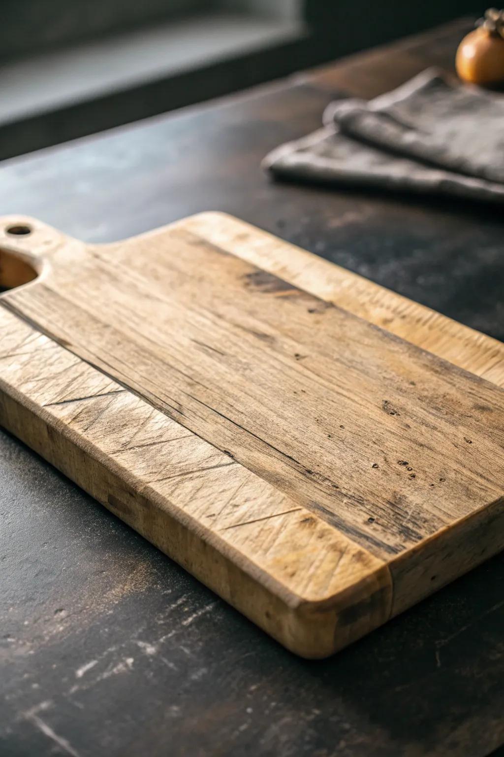Embrace countryside elegance through this time-honored, weathered timber cutting board.