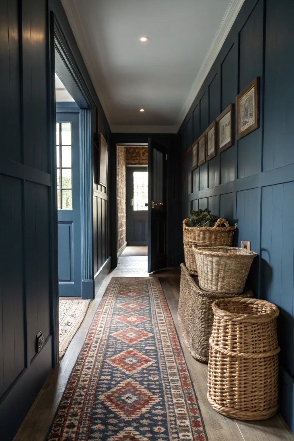 Arranged surfaces heighten the snug allure of a deep azure corridor.