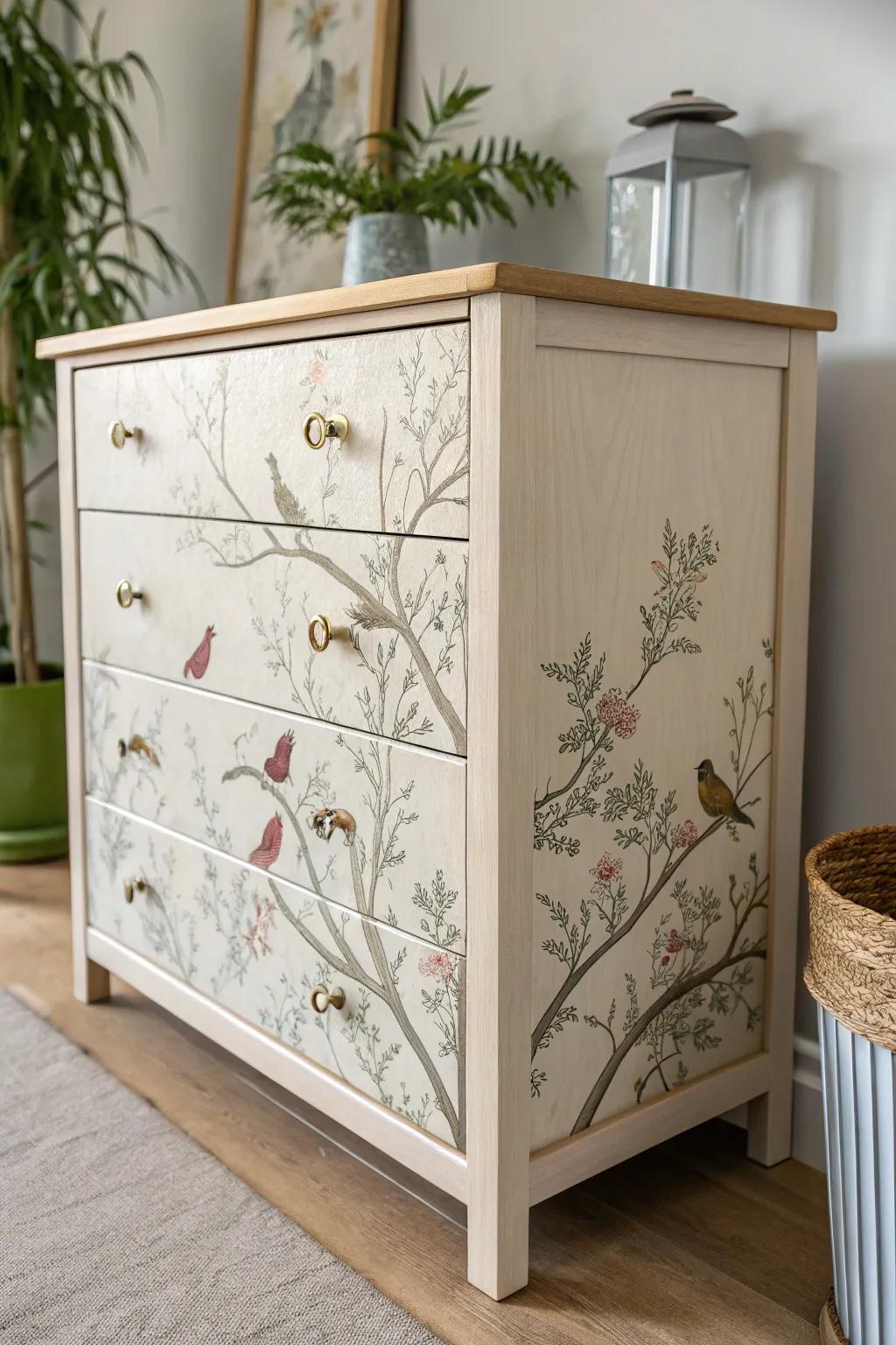 Bring the tranquility of nature indoors with a decoupage dresser adorned with birds and branches.