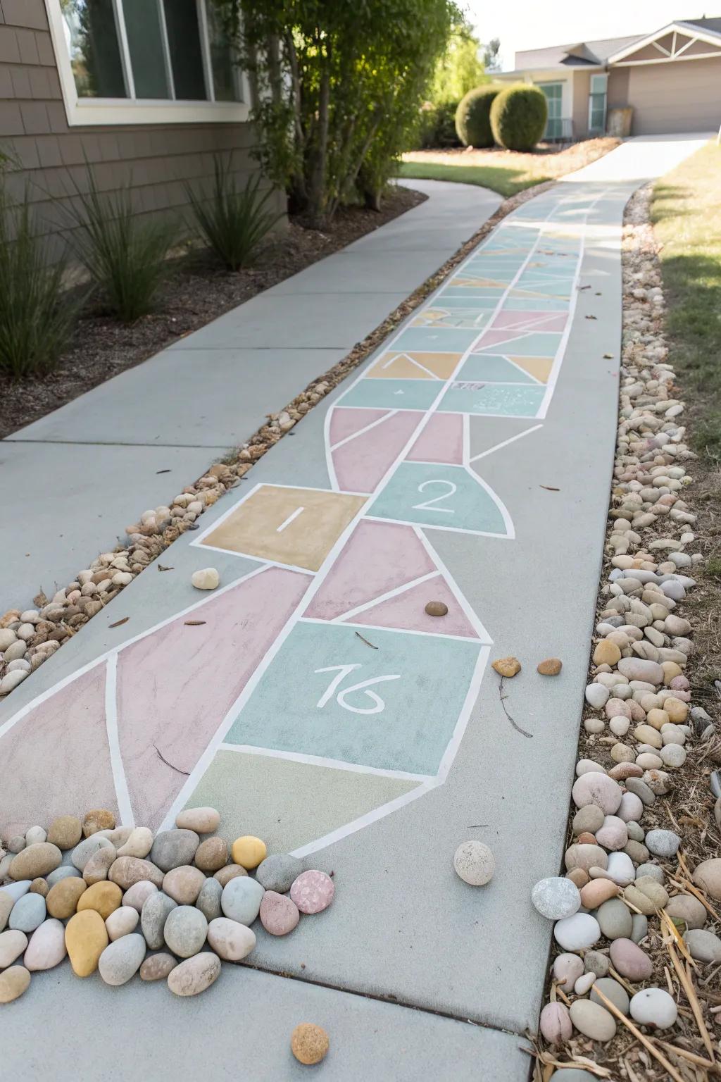 Enter playful elegance with a minimalist chalk and rock skip path route, great for sparking happiness and movement.