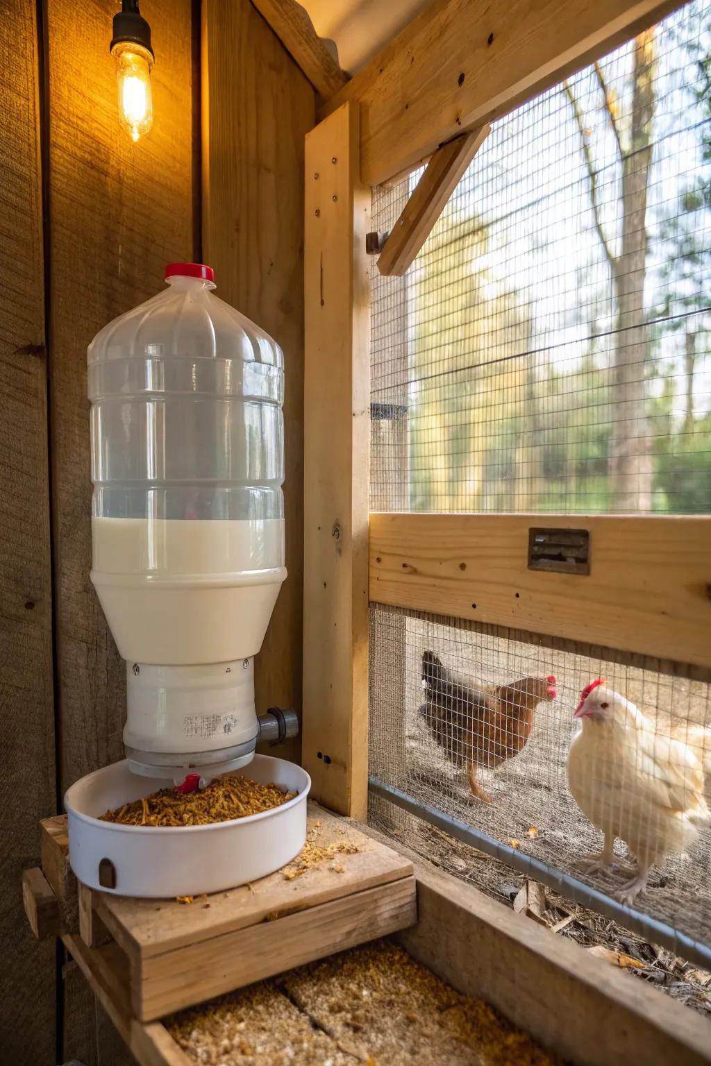 Transform your coop with this chic and functional gravity-operated bottle feeder—sustainable and so straightforward, it's sheer genius!