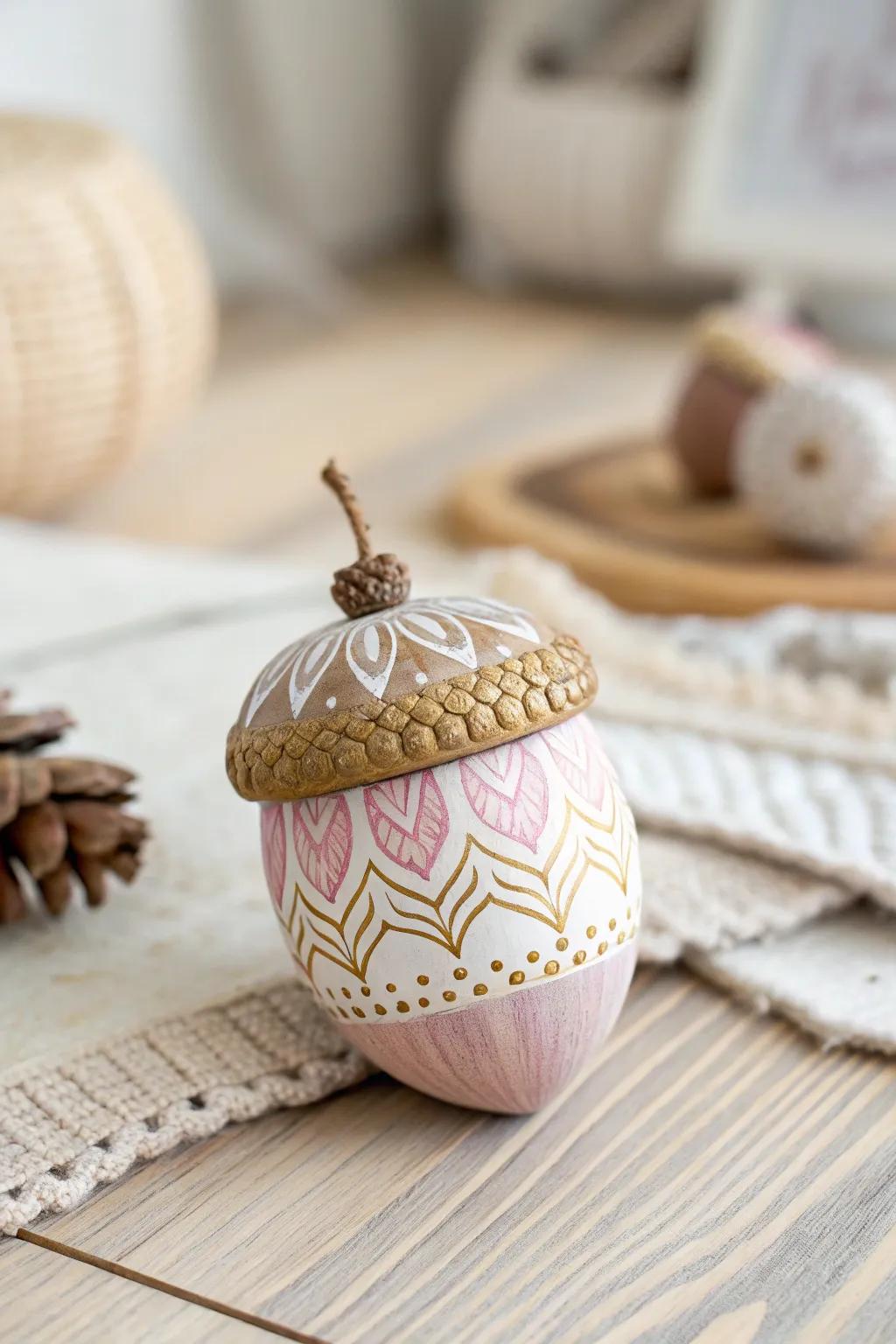 Celebrate the season with handcrafted charm: a breathtaking hand-painted acorn ornament that brings a whisper of nature and refinement to your holiday decorations.