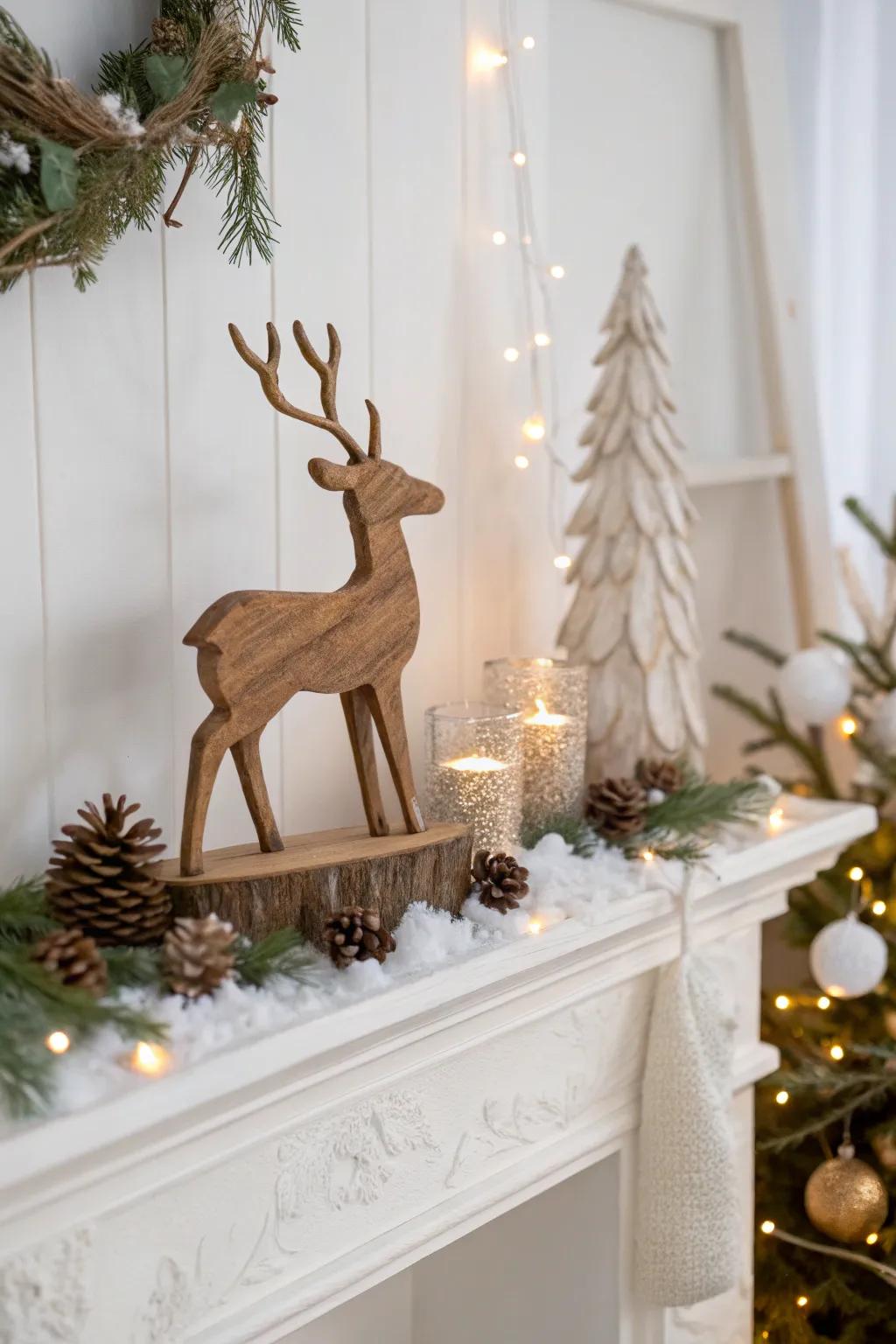 Transfigure your mantel into a serene icy sanctuary featuring handcrafted embellishments and a snug radiance.