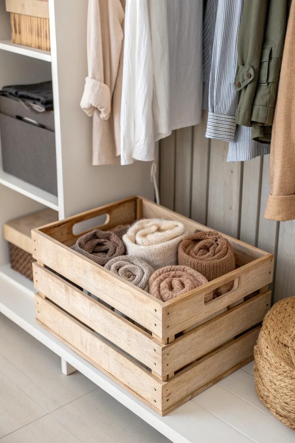 Transform your closet with rustic charm using upcycled crate drawers. Perfect blend of style and functionality!