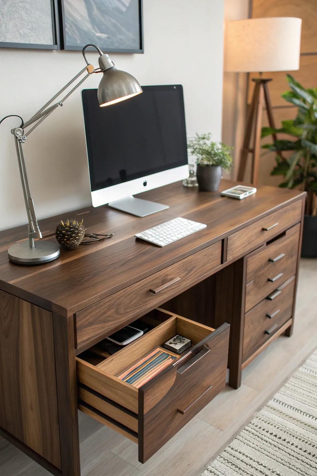 Enhance your workspace with a fashionable desk that unites elegance and practicality, featuring integrated storage to keep your essentials readily accessible.