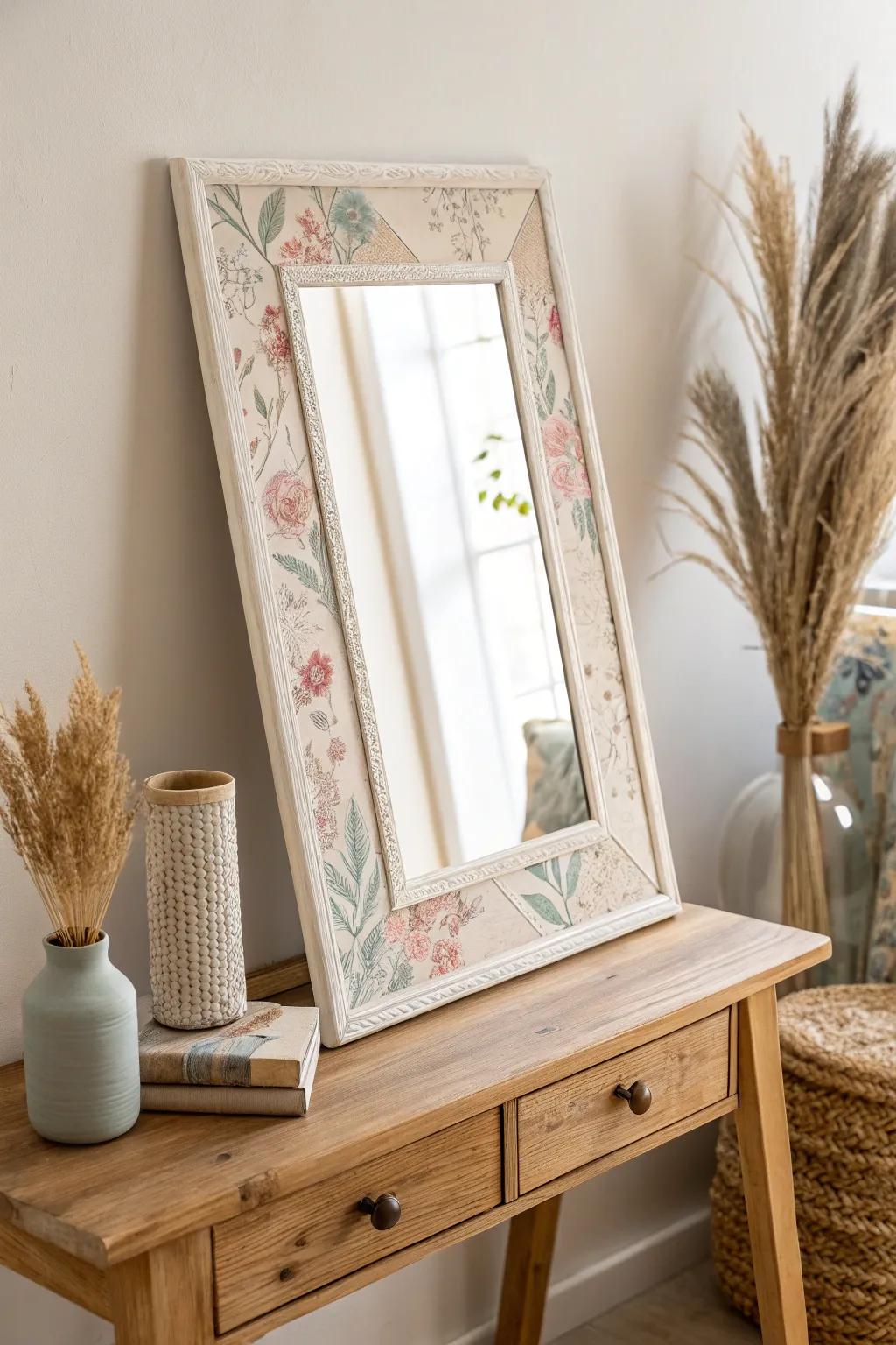 Turn an ordinary mirror into a centerpiece of minimalist elegance with a touch of boho charm 🌿✨ #UpcycledBeauty #DIYHomeDecor