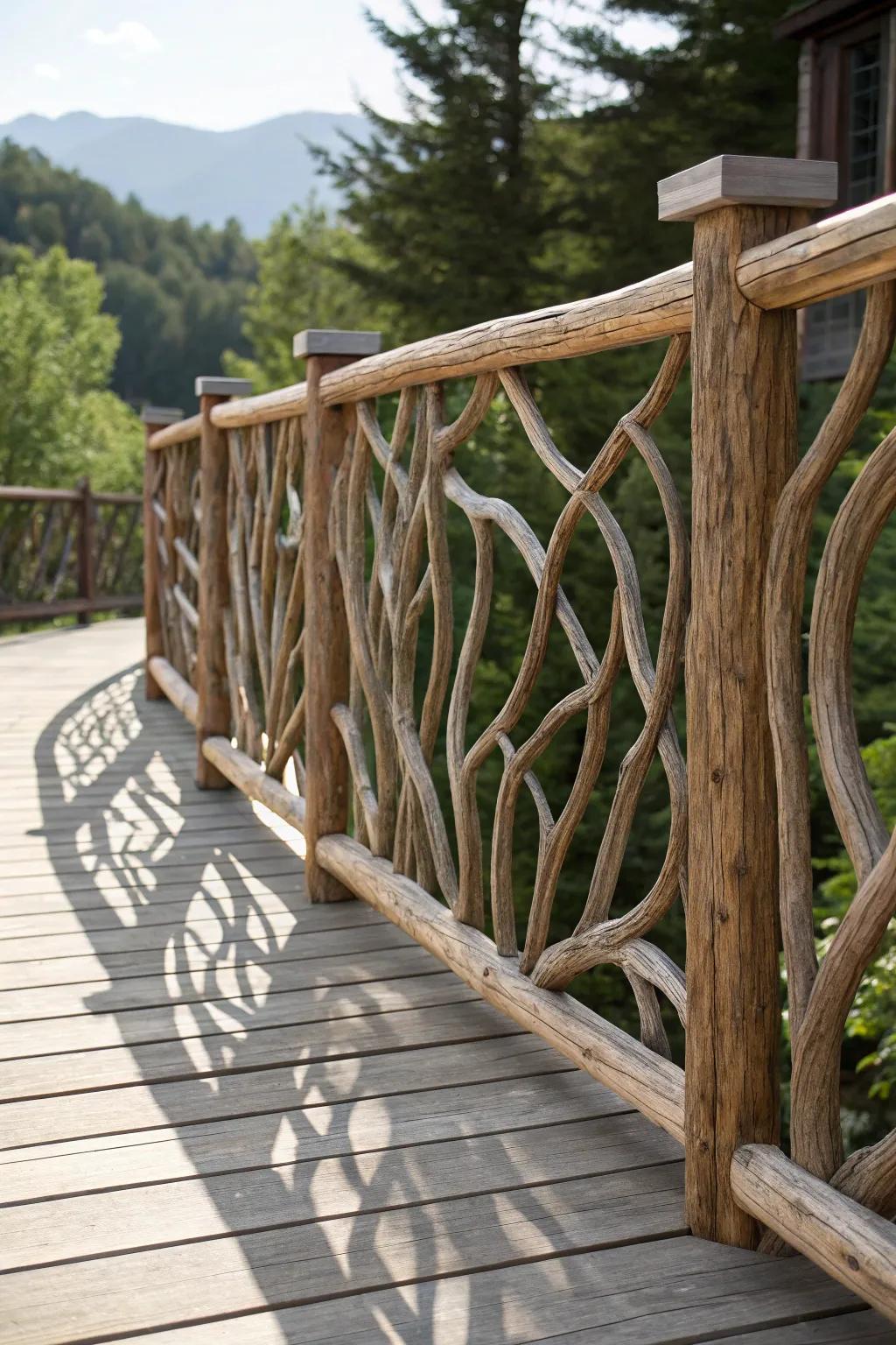 Bring the beach to your porch with a driftwood deck railing that embodies nature's grace.