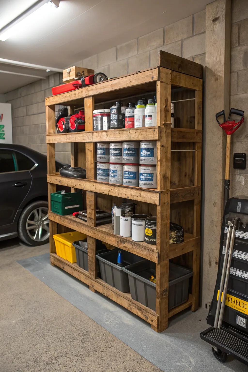 Revamp your garage with country-style pallet shelving—where elegance converges with function.