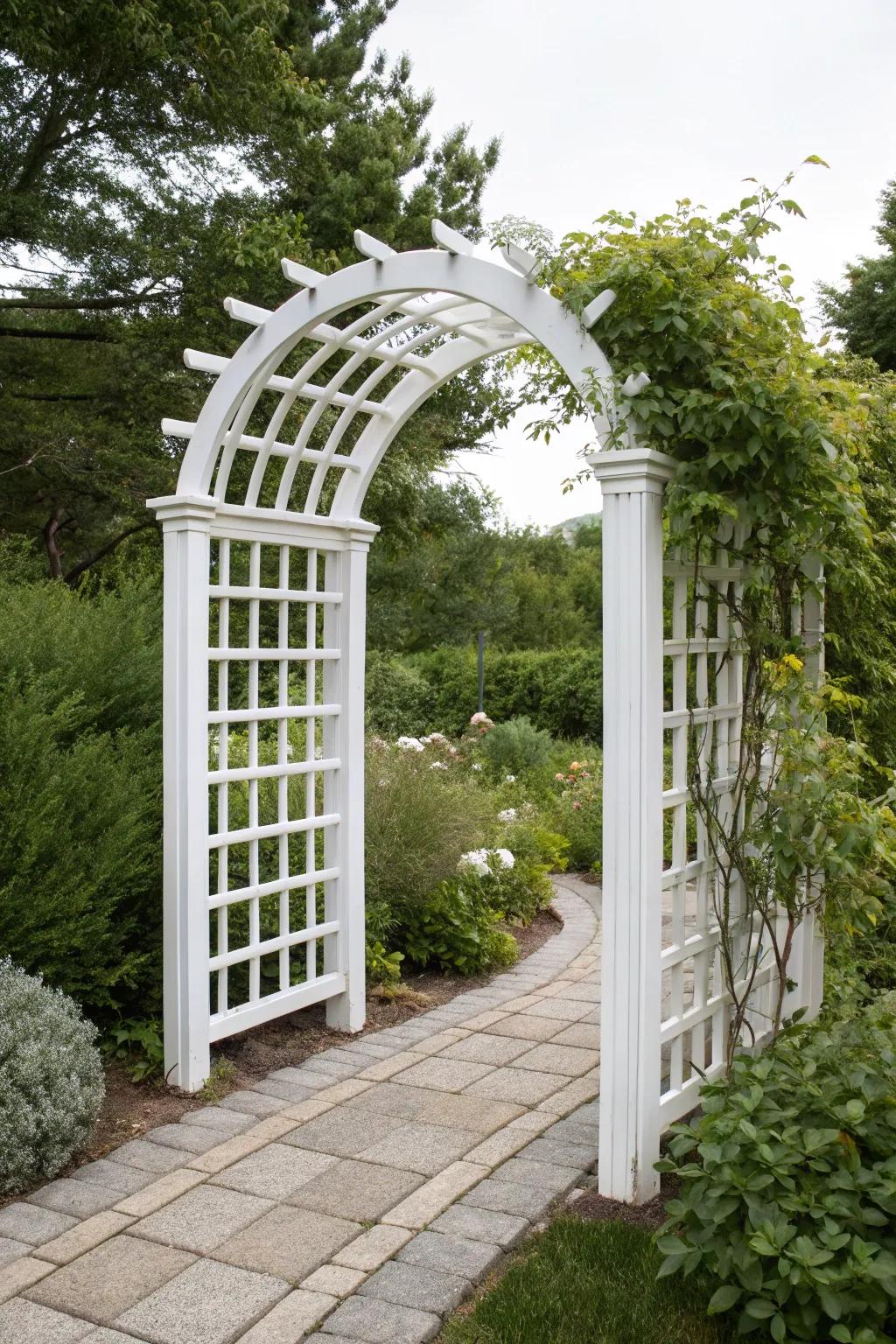 Embrace simplicity and sophistication with a classic white trellis archway for your garden sanctuary. 🌿✨
