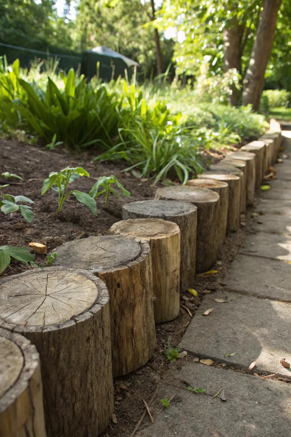 Transform your garden with country-style log edging for a natural, woodland aesthetic.