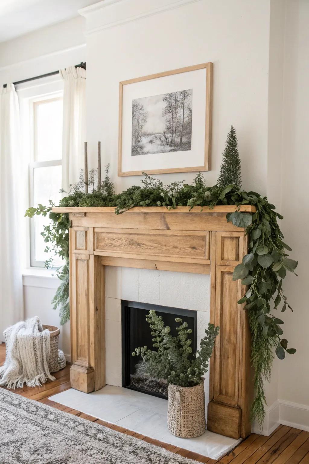 Transform your mantelpiece into a tranquil centerpiece using natural greenery and elegant artwork. #ScandinavianStyle #BohoChic