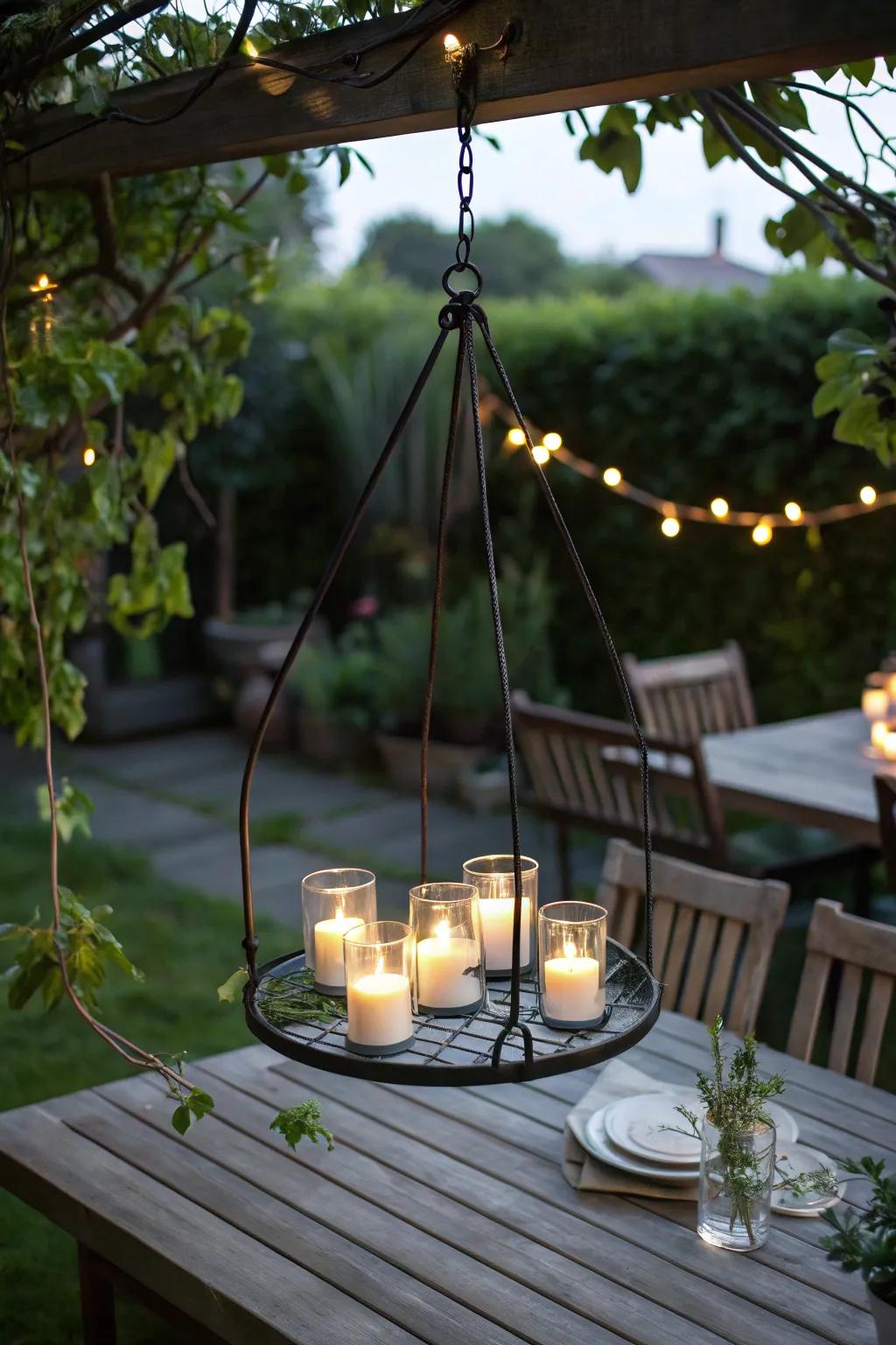 Light up your evenings with a touch of enchantment: DIY levitating candle chandelier for a cozy outdoor refuge.