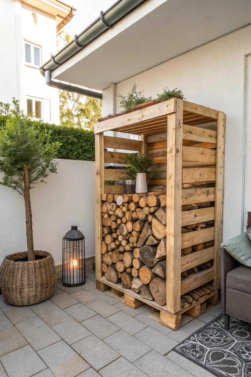 Maximize your patio space with this corner pallet firewood rack—an efficient and stylish solution for the modern DIY enthusiast.
