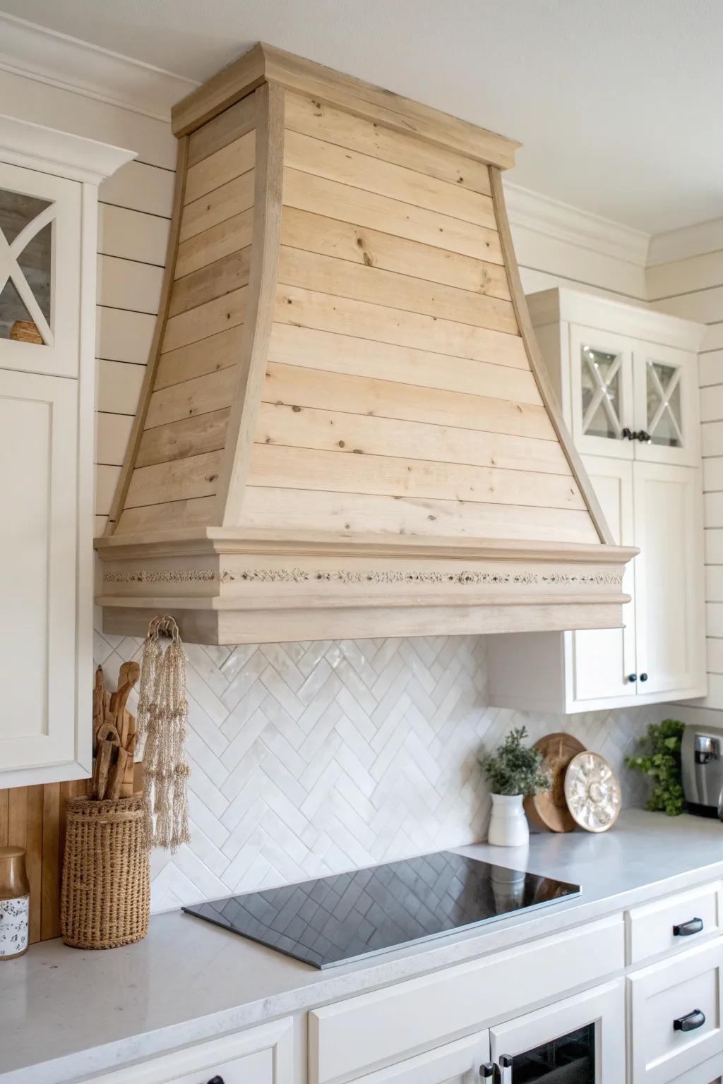 Infuse your kitchen with farmhouse allure using a stunning shiplap range hood cover. #FarmhouseVibes #MinimalistBoho