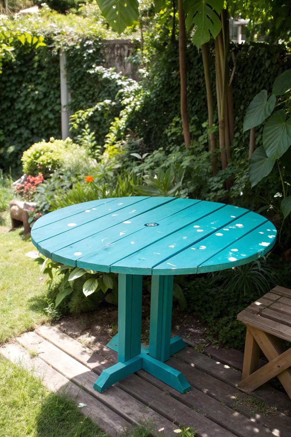 Refine your garden expanse with a dash of pigment! This DIY ornamented skid patio table embodies the quintessential amalgamation of ingenuity and allure.