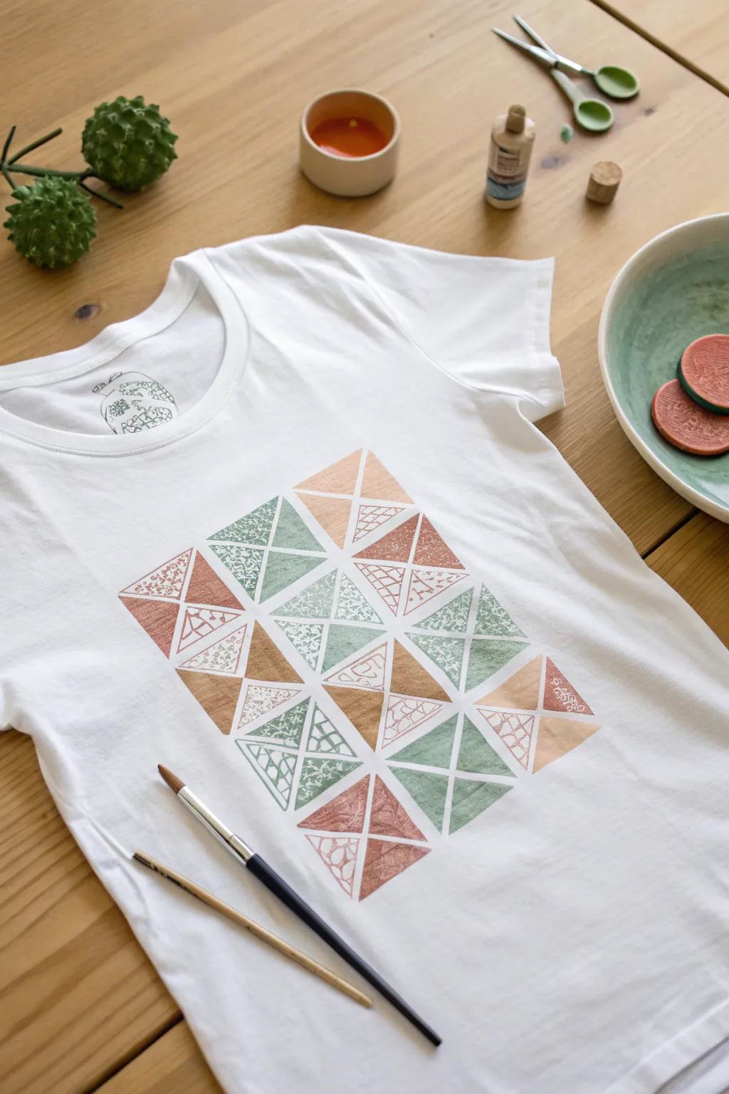 Design your unique geometric tee with easy DIY stamping—embrace the beauty of handcrafted artistry!
