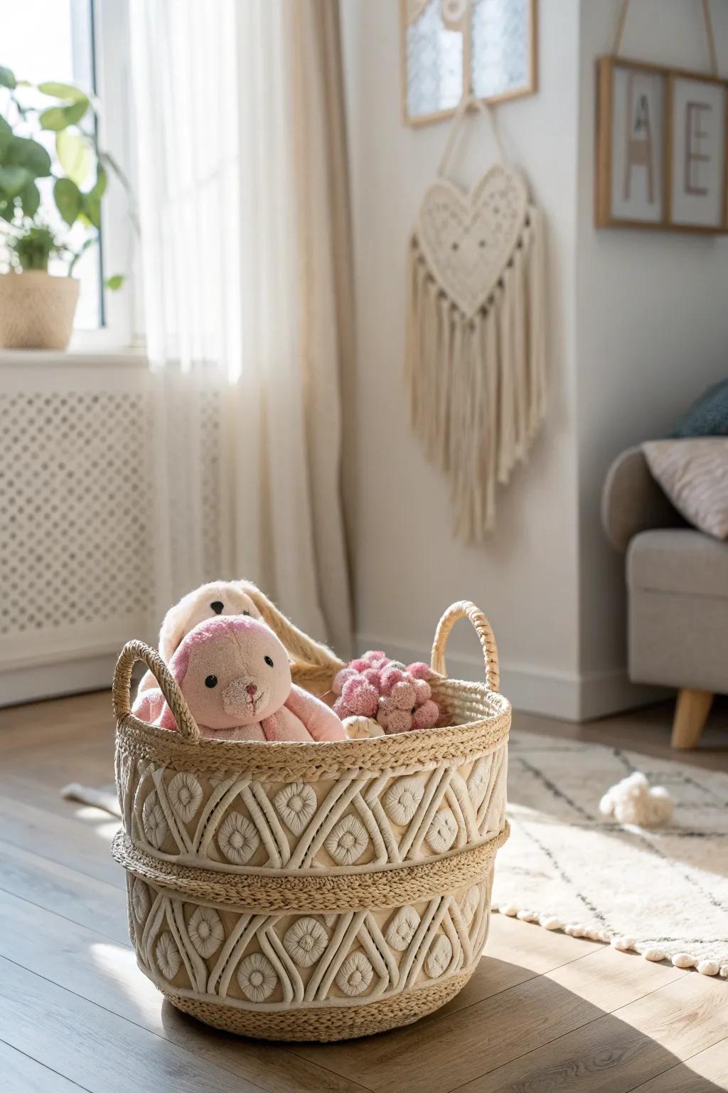 Welcome the beauty of simplicity using a braided receptacle that harmoniously blends practicality and design for your child's toy needs.
