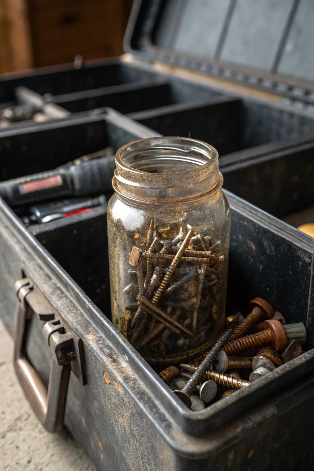 With repurposed charm, transform your truck tool box; old jars make excellent organizers for tiny parts.