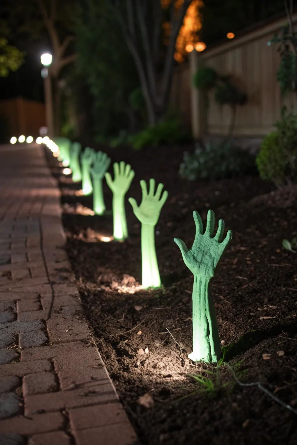 Navigate your way through the night with a spine-chilling luminous zombie limb path.