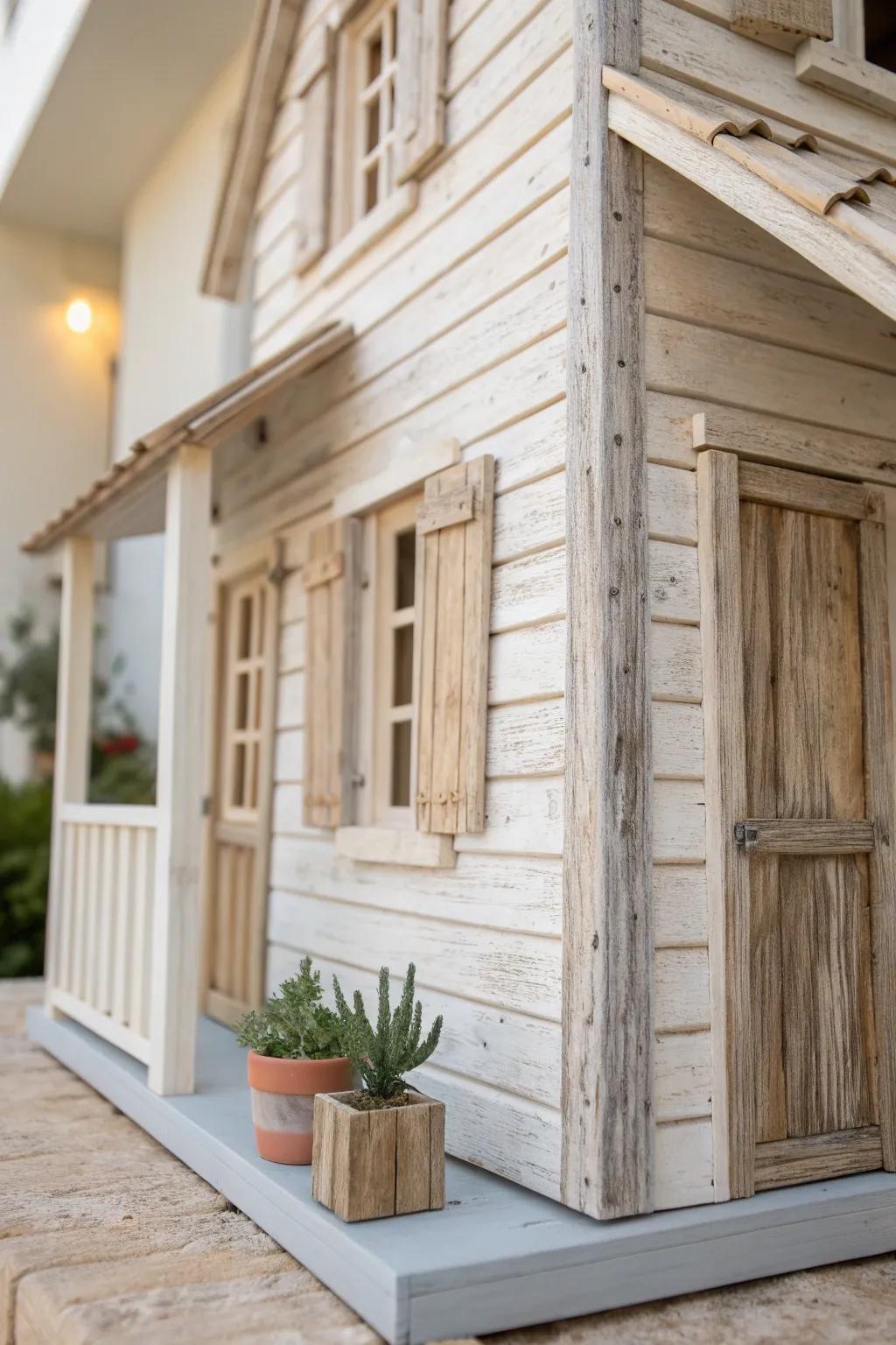 Embrace the charm of country simplicity with wooden sections for a welcoming dollhouse exterior.
