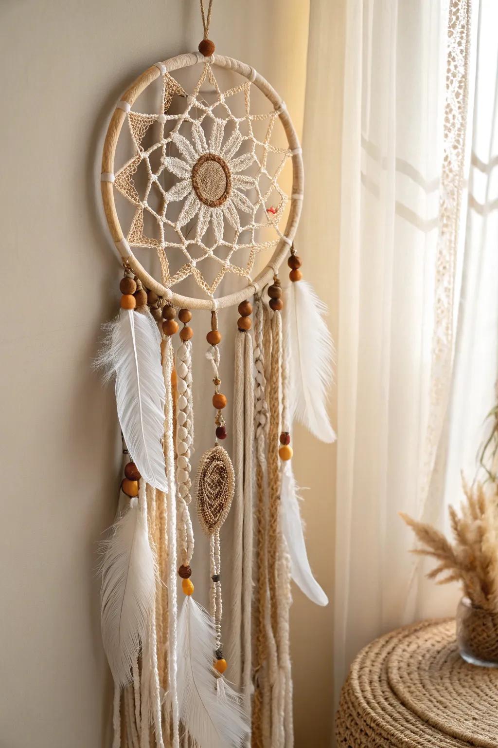 Embrace tranquility and nature through this refined free-spirit dream catcher, ideally suited for imparting a serene essence to your living space.