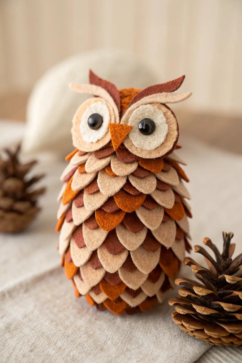 Design a delightful owl from a basic forestry cone, injecting a vibrant harvest-inspired ambiance into your residential ornamentation.