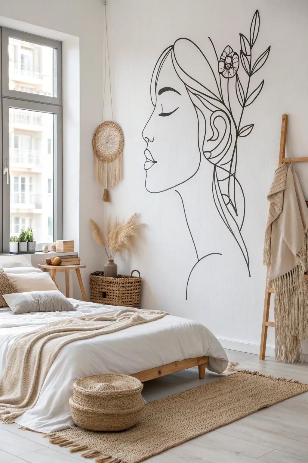 Embrace clarity through a minimalist line art mural that articulates volumes in terms of aesthetic.