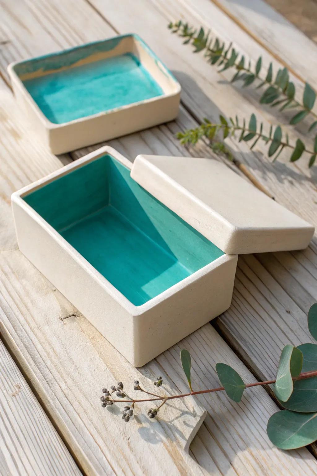 Appreciate the allure of simplicity enriched by a burst of color – a clay box that both astonishes and delights.