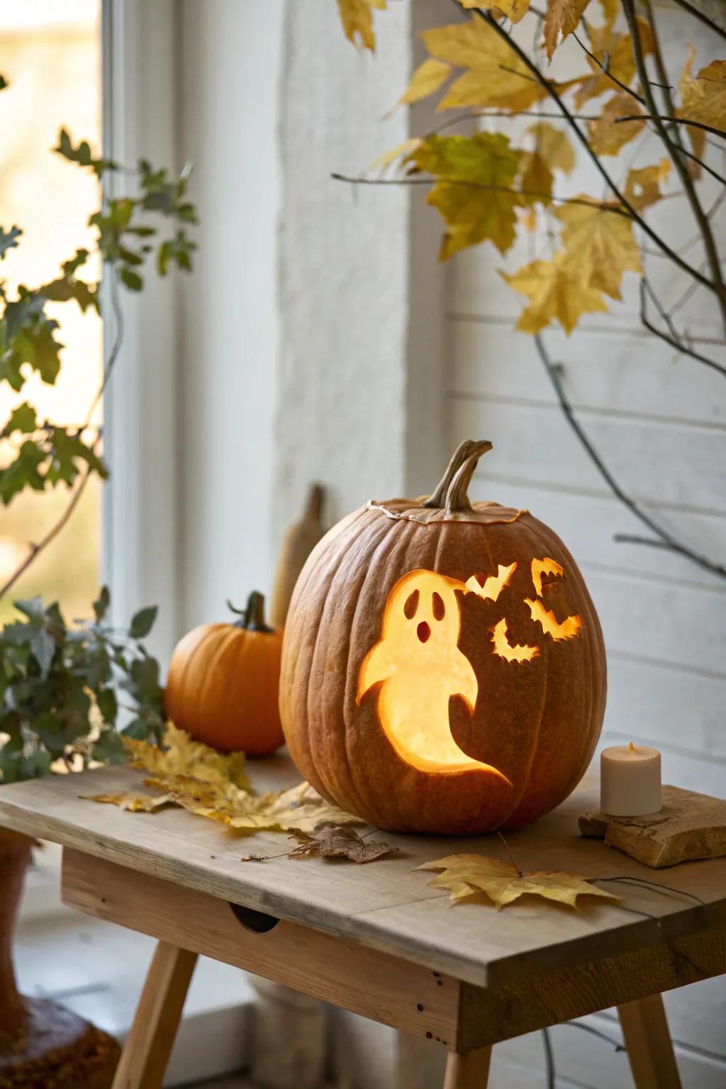 Cherish the All Hallows’ Eve ethos alongside this charming spectral gourd, a flawless fusion of eeriness and amiability.