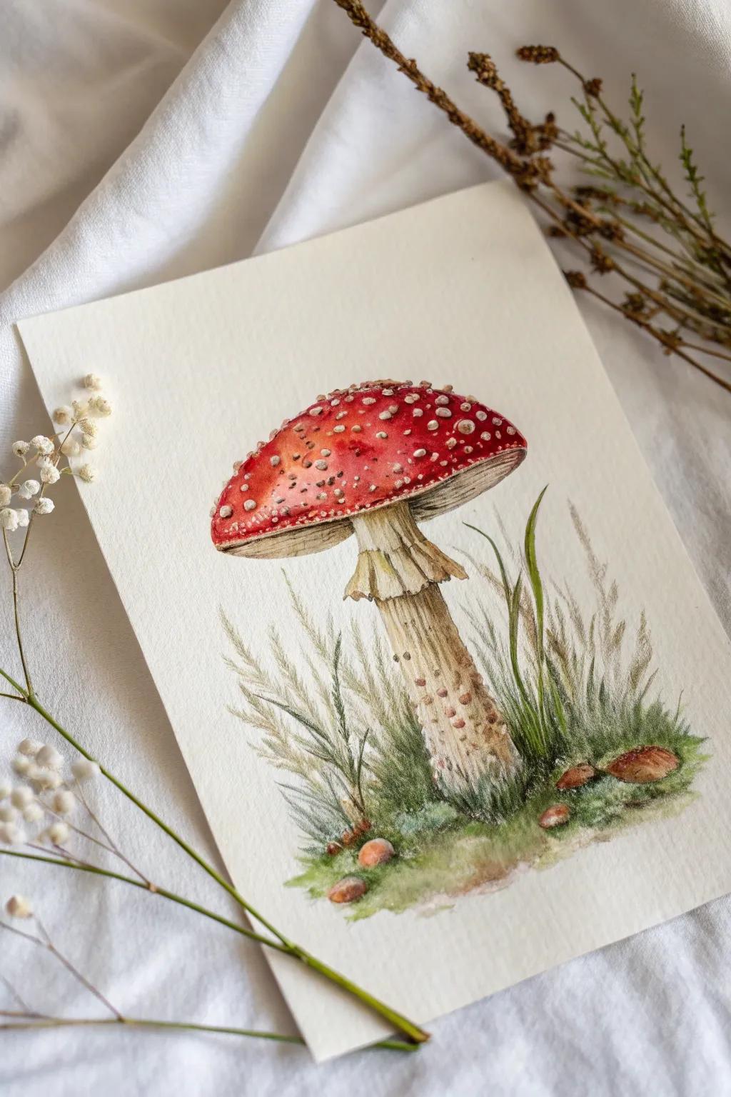 Dive into the whimsical realm of aquarelles through this captivating enchanted fungal showpiece.