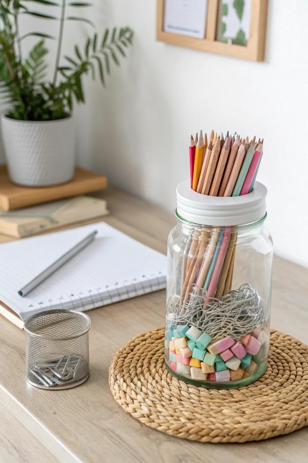 Inject playfulness into your workspace with this charming office essential jar!