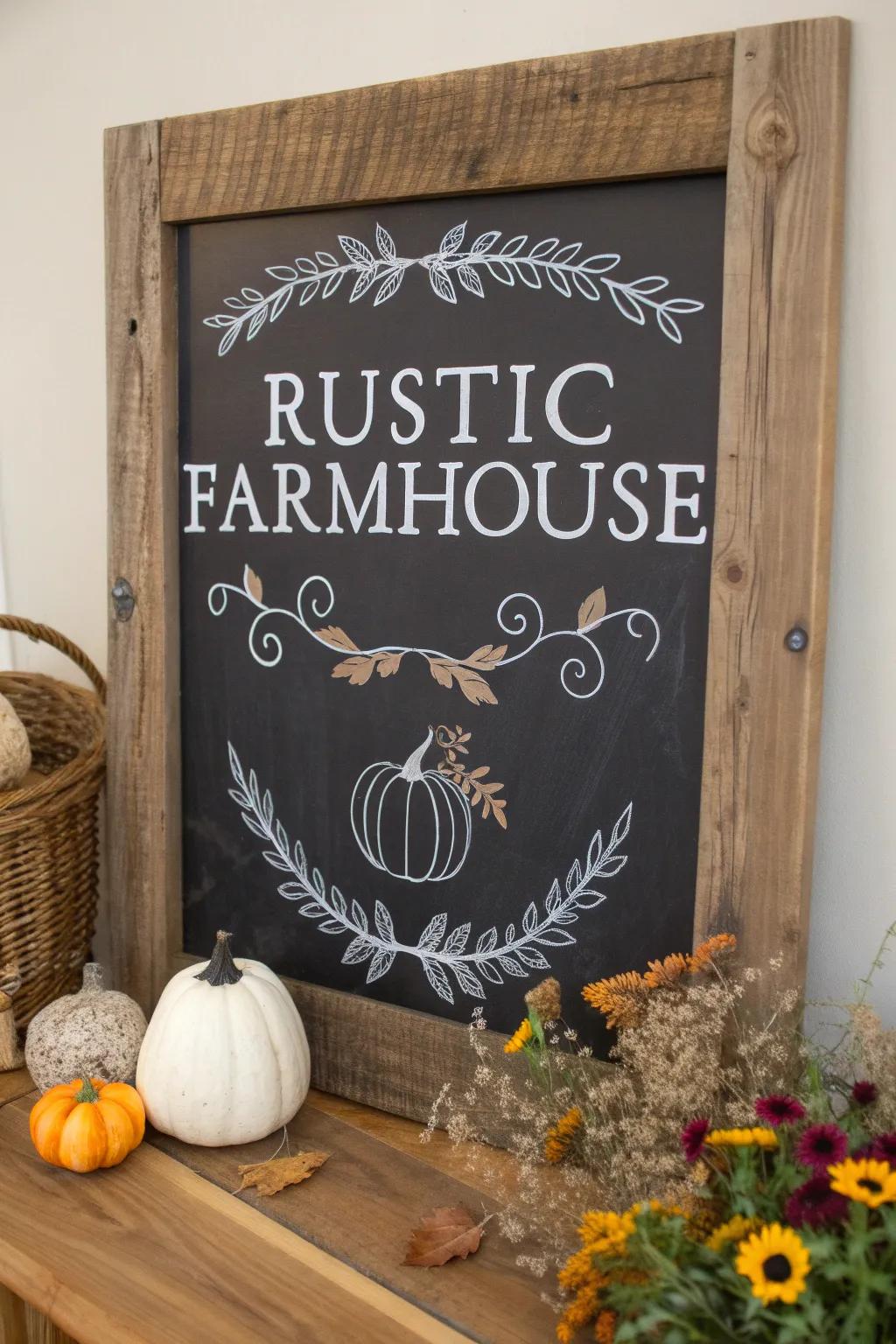 Embrace Down-to-Earth Homestead Aesthetics through this captivating fall chalkboard design, harmonizing minimalist grace with boho warmth.